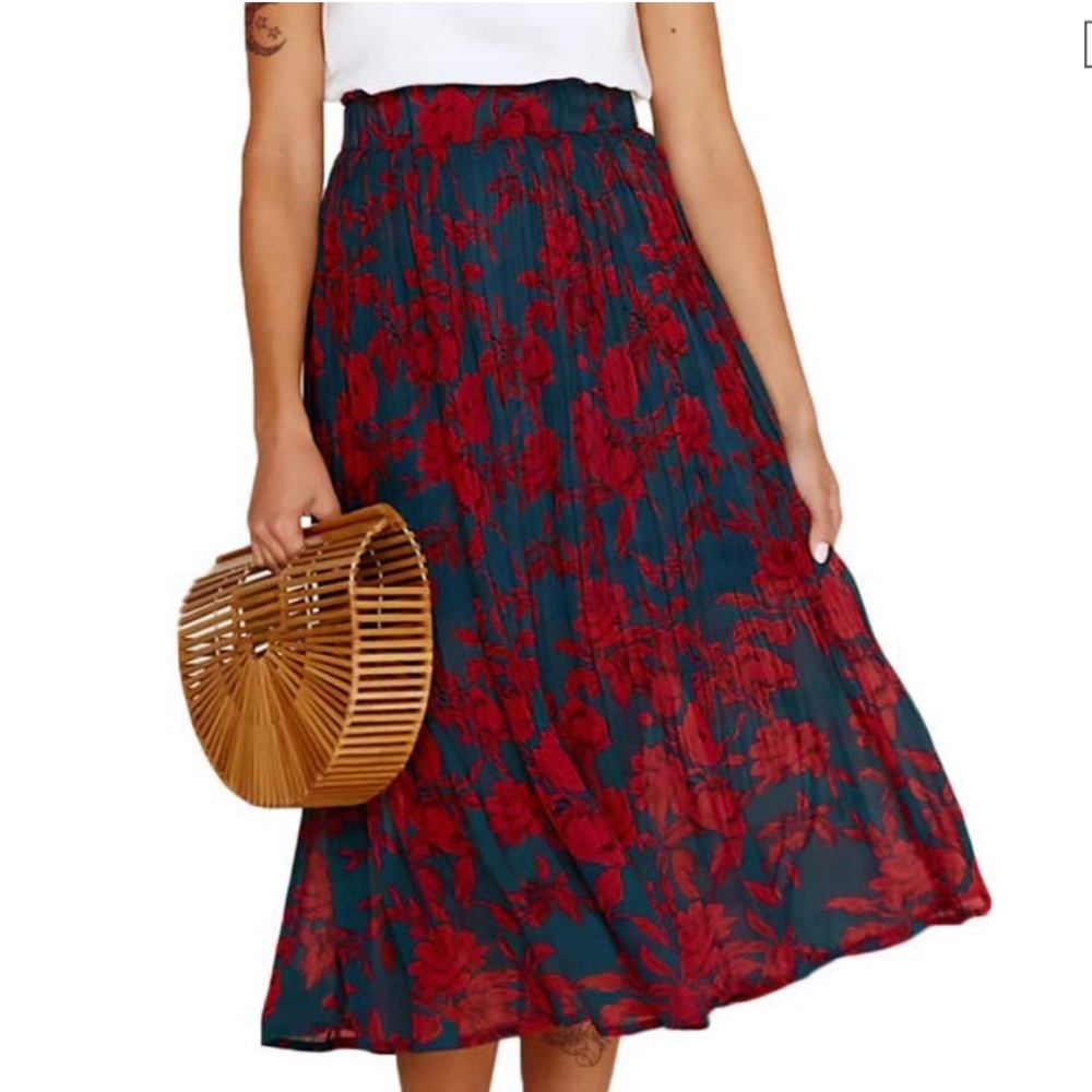 High Waist Pleated Midi Skirt Navy Red Floral